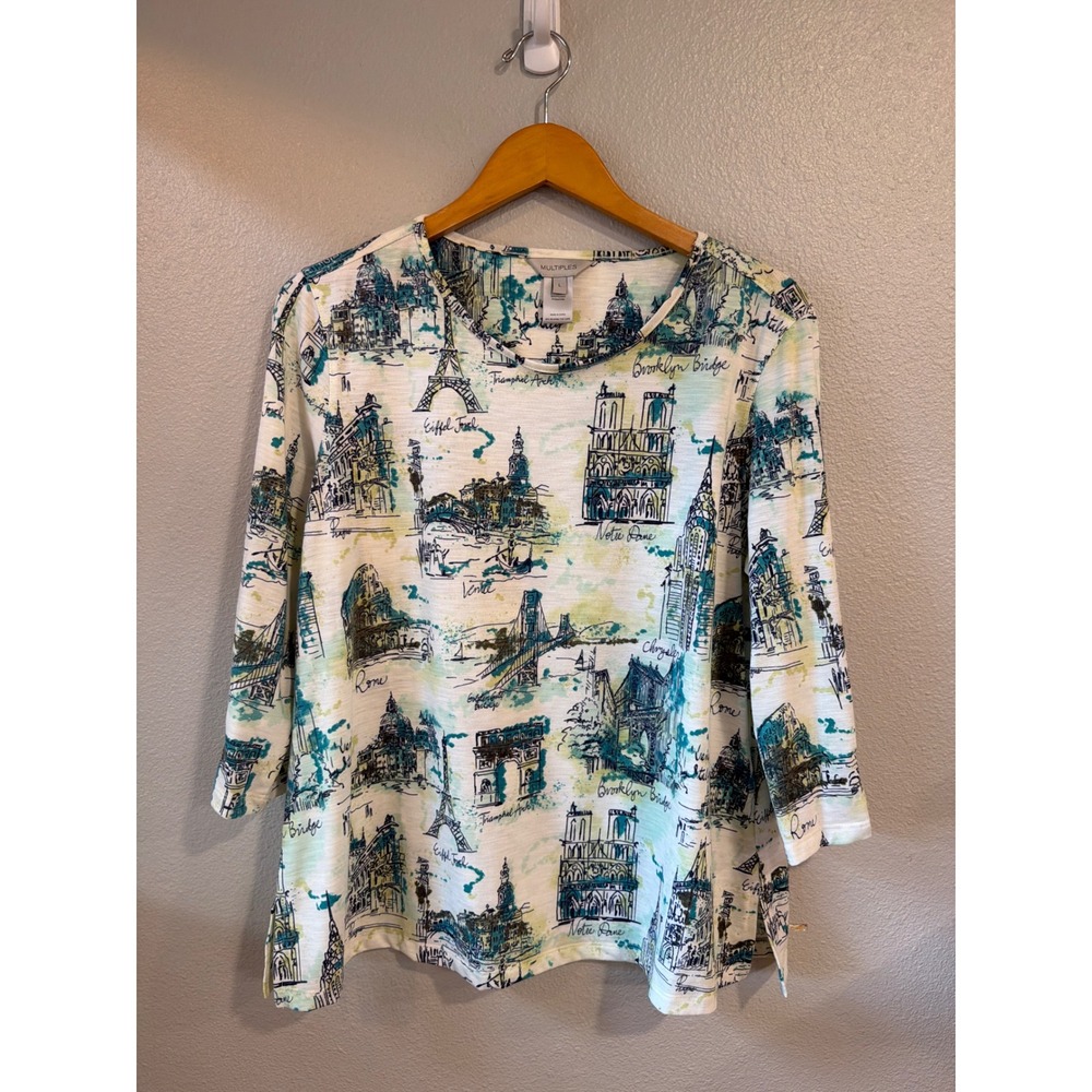 Multiples Landmark Print Top Women Large 3/4 Sleeve Lattice Cuff Travel White